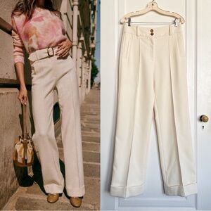Sezane • Lukas Trousers in Ecru wool high waisted pants cuffed wide leg tailored